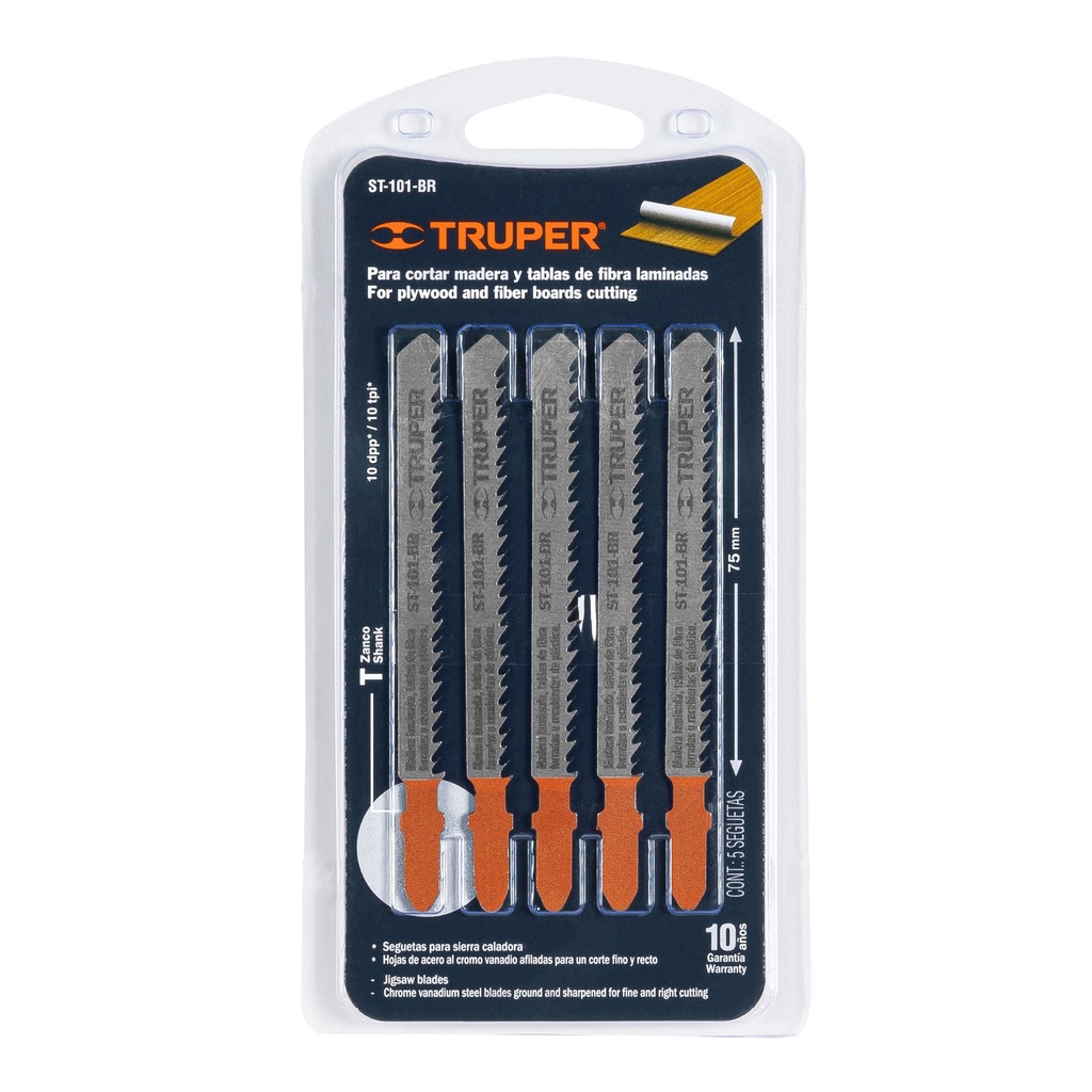 Blíster con 5 seguetas 10 DPP zanco "T" corte recto triplay, Truper