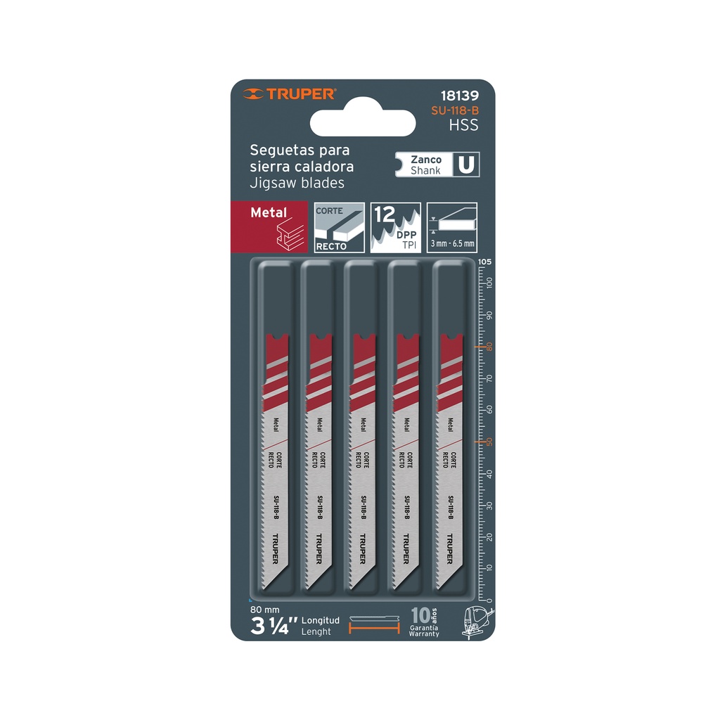 Blíster con 5 seguetas 12 DPP zanco "U" corte recto metal, Truper