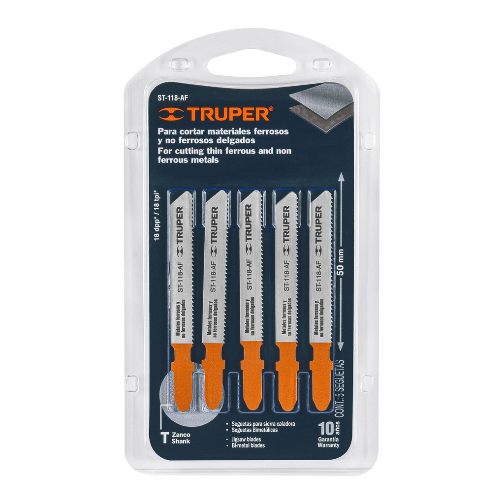Blíster con 5 seguetas 18 DPP zanco "T" corte recto metal, Truper