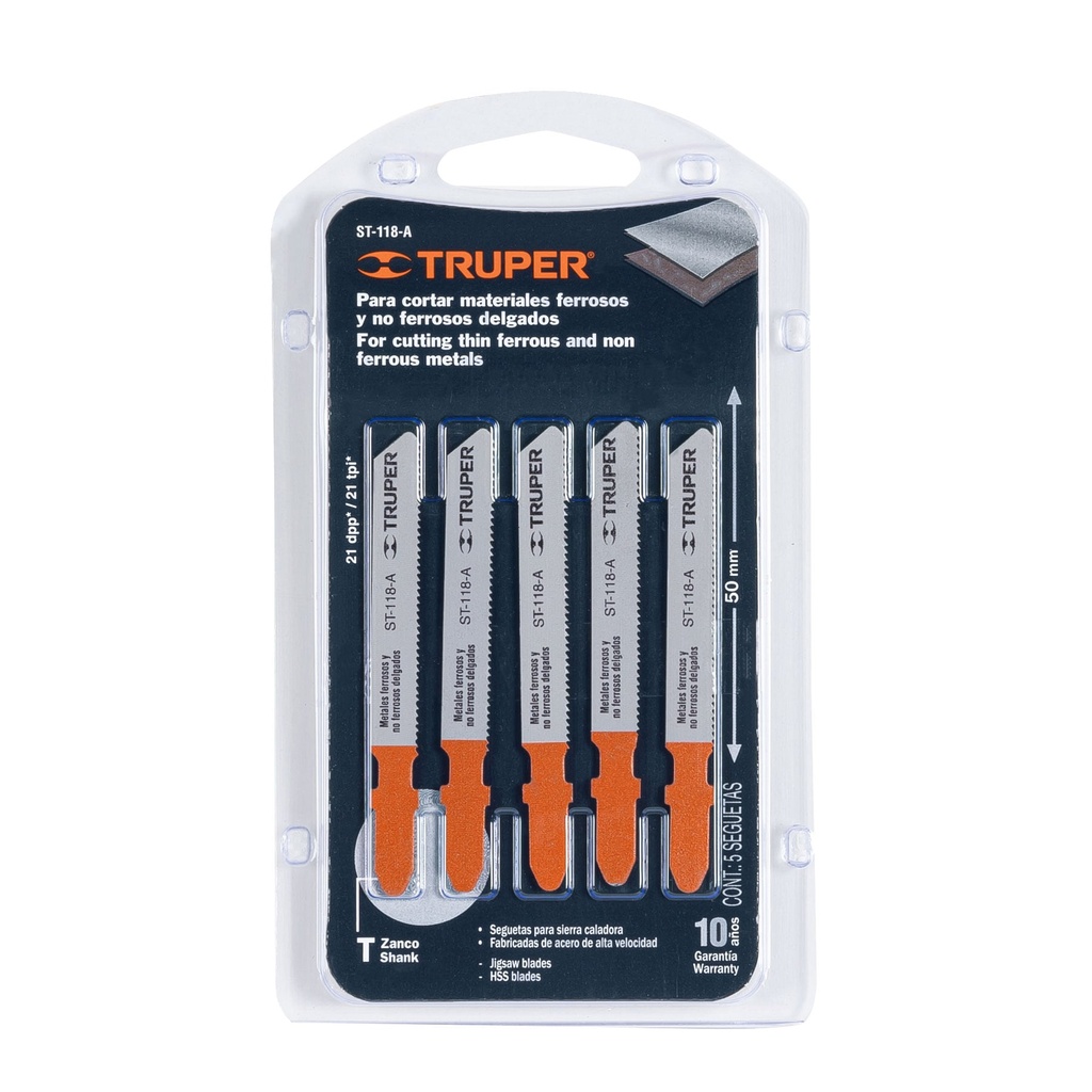 Blíster con 5 seguetas 21 DPP zanco "T" corte recto metal, Truper
