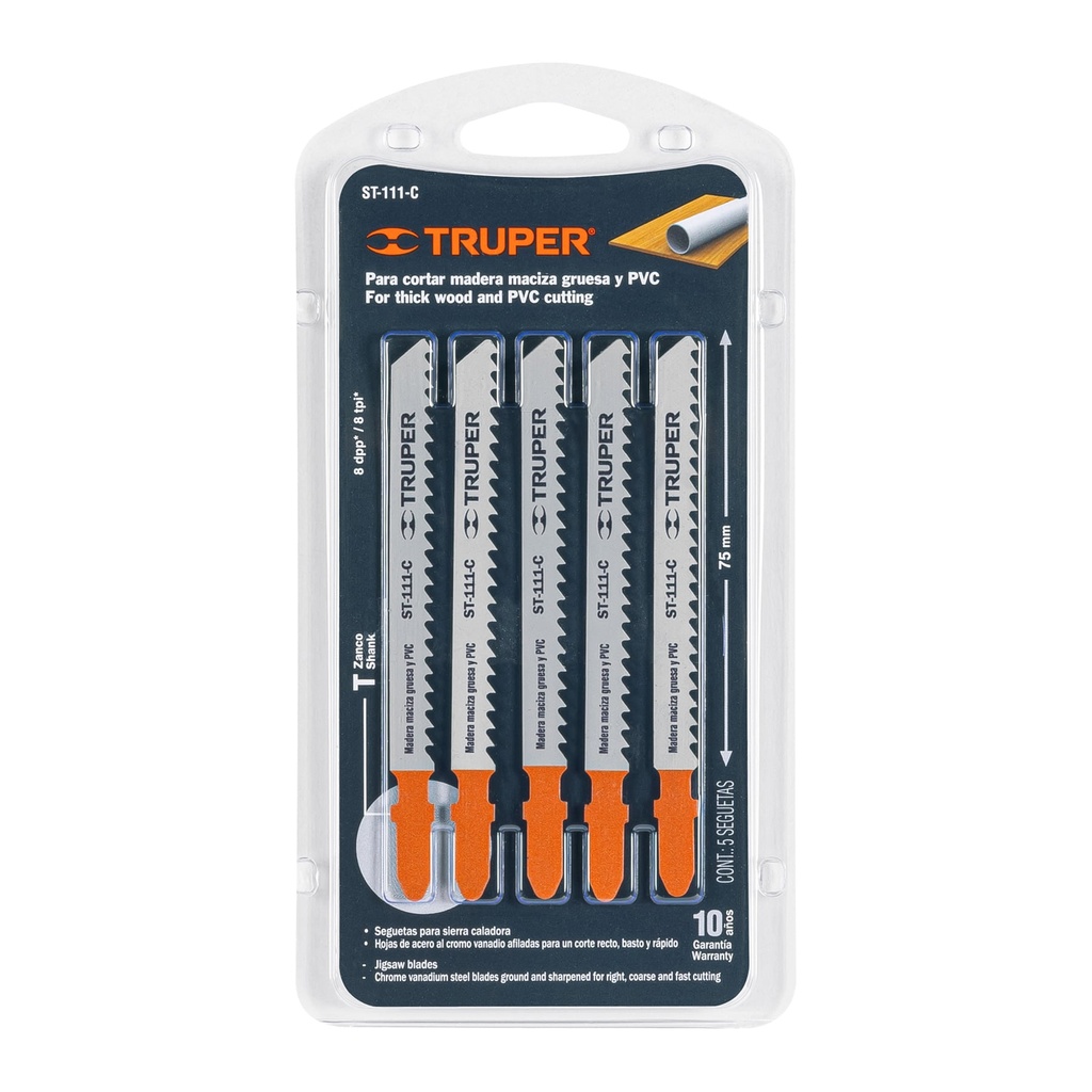 Blíster con 5 seguetas 8 DPP zanco "T" corte recto madera, Truper