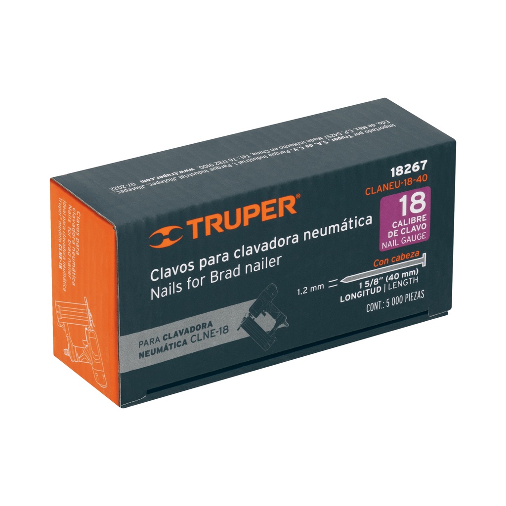 Caja con 5000 clavos calibre 18, 1 5/8" (40 mm), Truper
