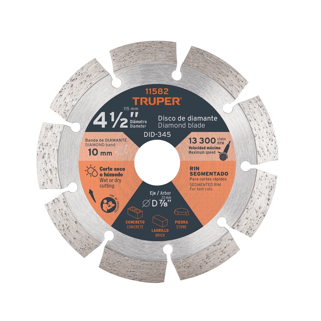 Disco diamantado segmentado, corte rapido 4 1/2", Truper