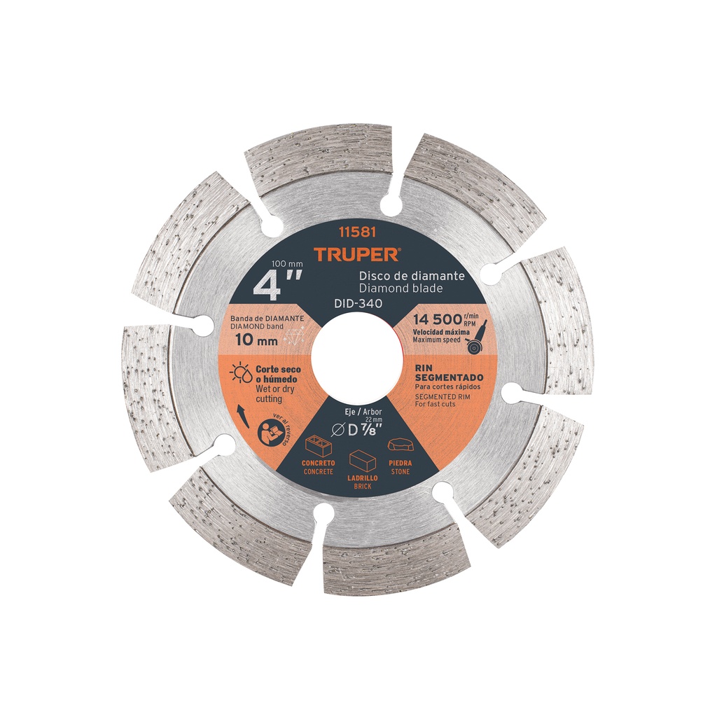 Disco diamantado segmentado, corte rapido 4", Truper