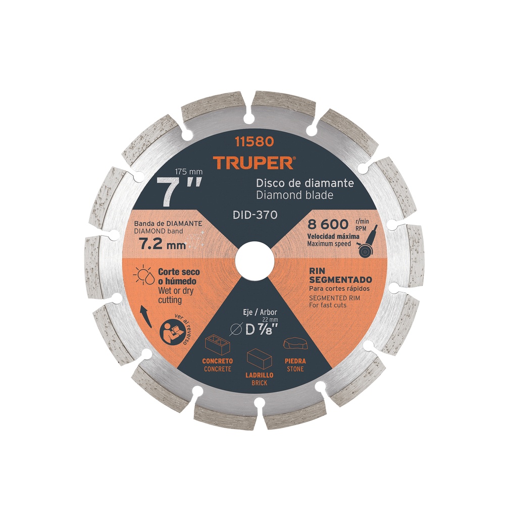 Disco diamantado segmentado, corte rapido 7", Truper