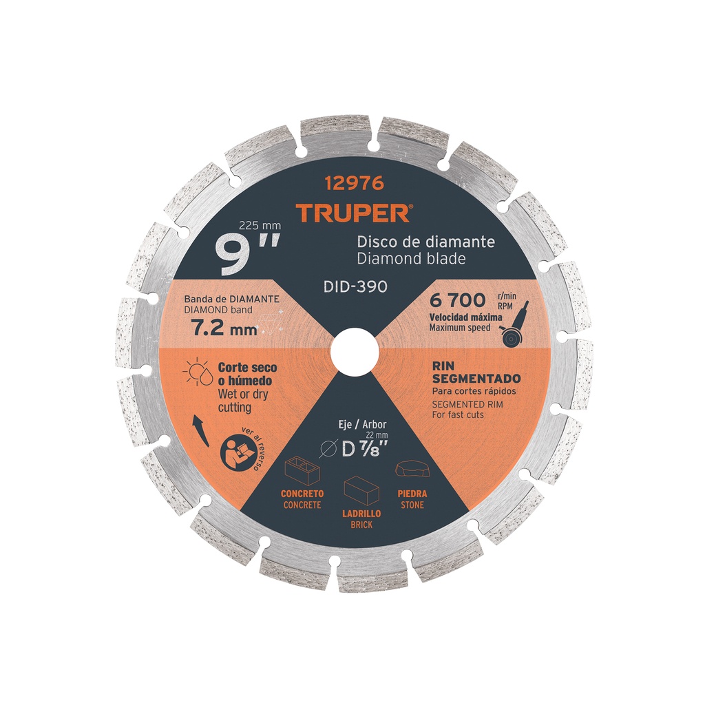 Disco diamantado segmentado, corte rapido 9", Truper