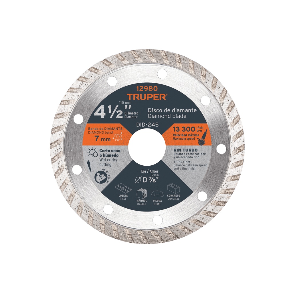 Disco diamantado turbo, usos generales 4 1/2", Truper