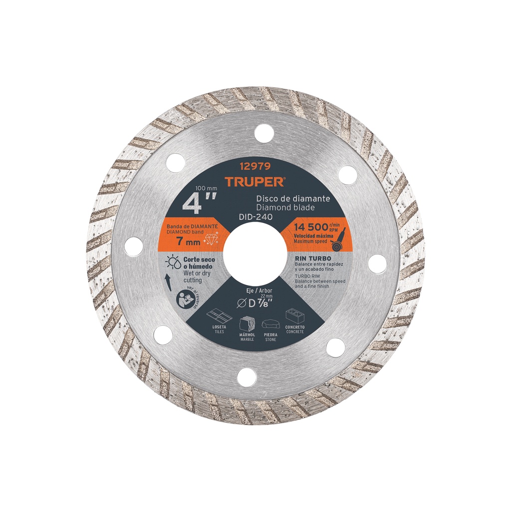 Disco diamantado turbo, usos generales 4", Truper