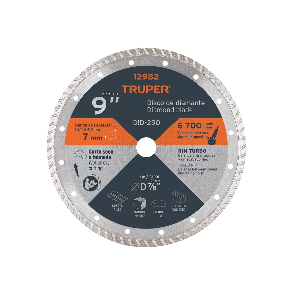 Disco diamantado turbo, usos generales 9", Truper