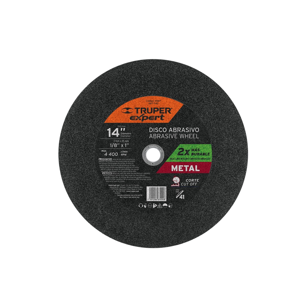 Disco para corte de metal 14", alto rendimiento,  diametro 2.8 mm, Truper
