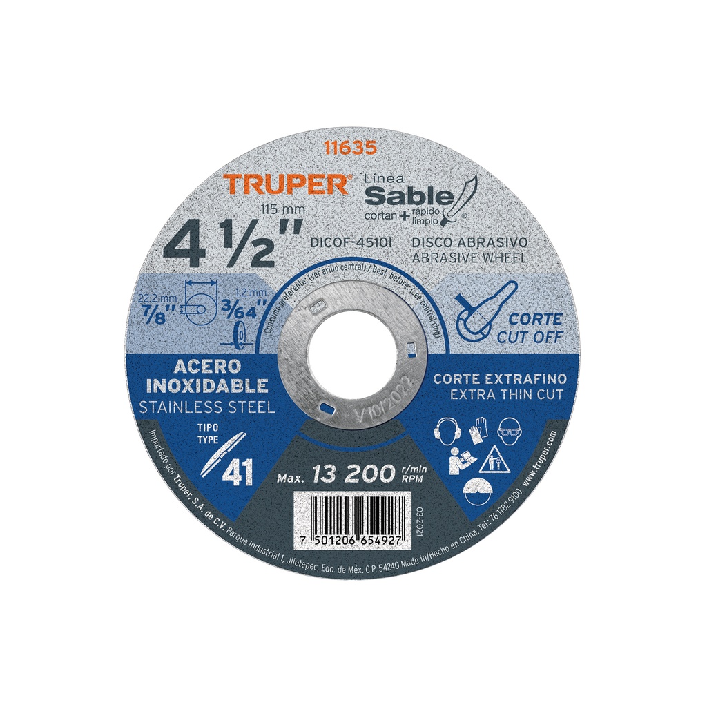 Disco para corte extrafino acero inoxidable, alto rendimiento 9" , diametro 2 mm, Truper