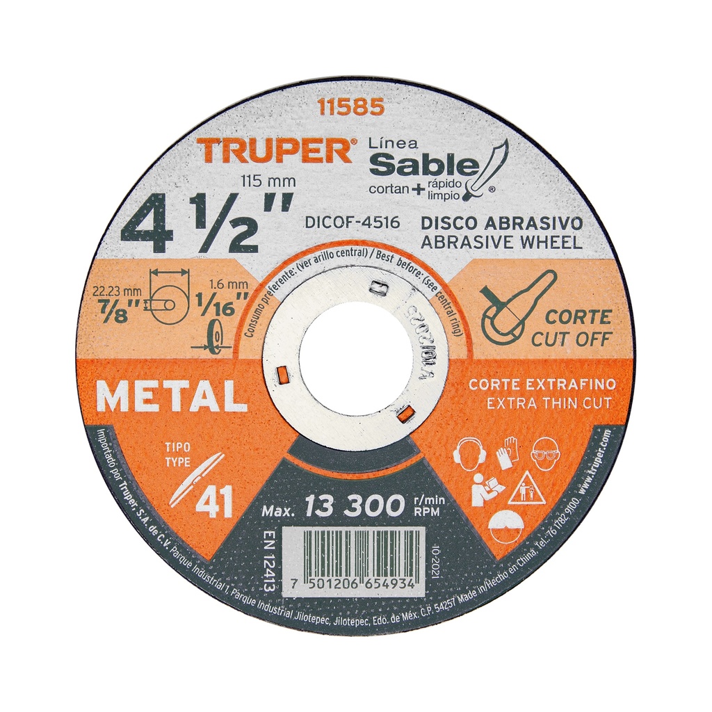 Disco para corte extrafino de metal, alto rendimiento 4 1/2" , diametro 1.6 mm, Truper