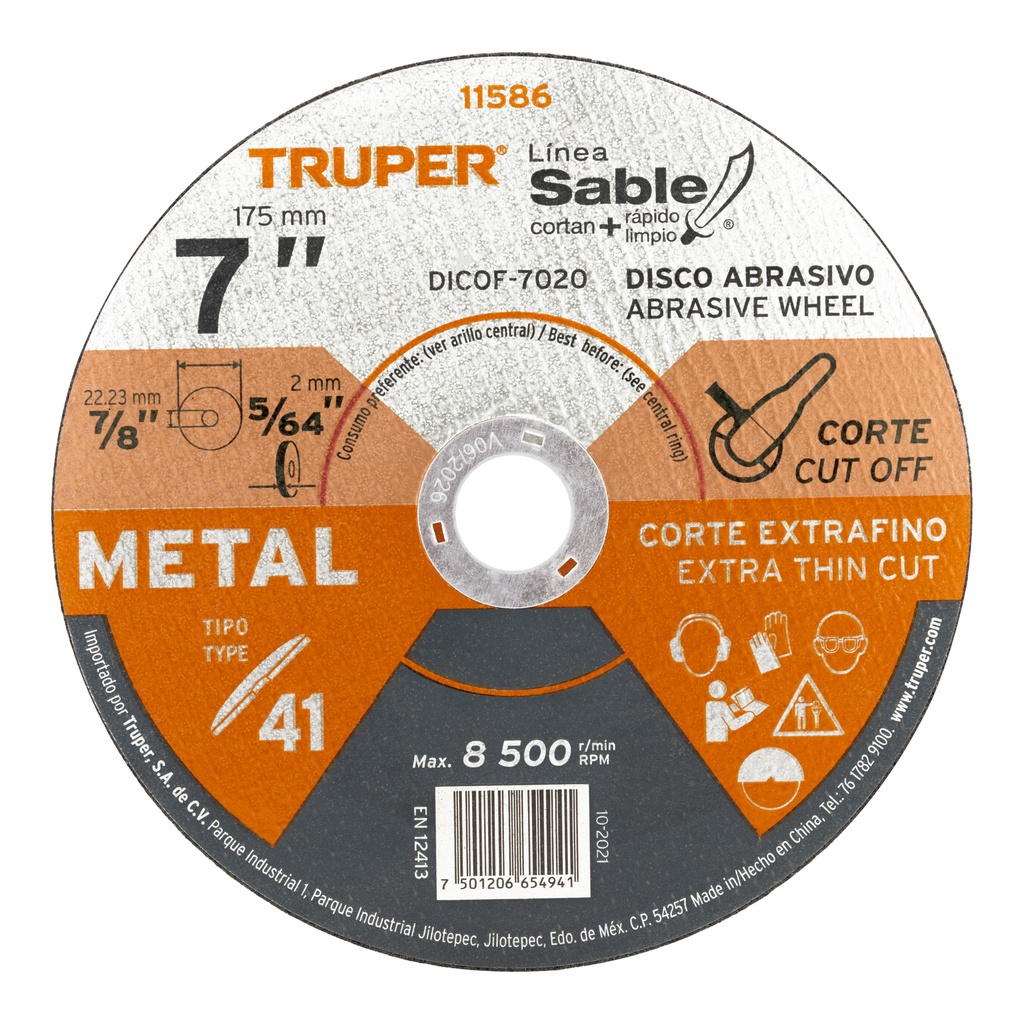 Disco para corte extrafino de metal, alto rendimiento 7" , diametro 1.8 mm, Truper