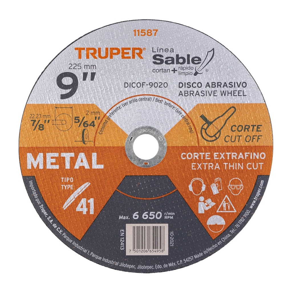 Disco para corte extrafino de metal, alto rendimiento 9" , diametro 2 mm, Truper