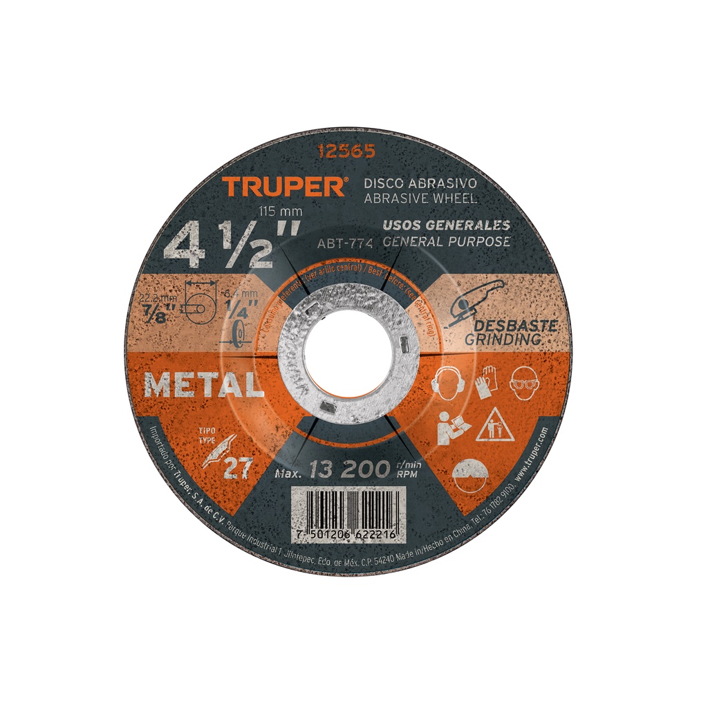 Disco para desbaste de metal, uso general, diametro 4 1/2"", diametro 6.4 mm , Truper