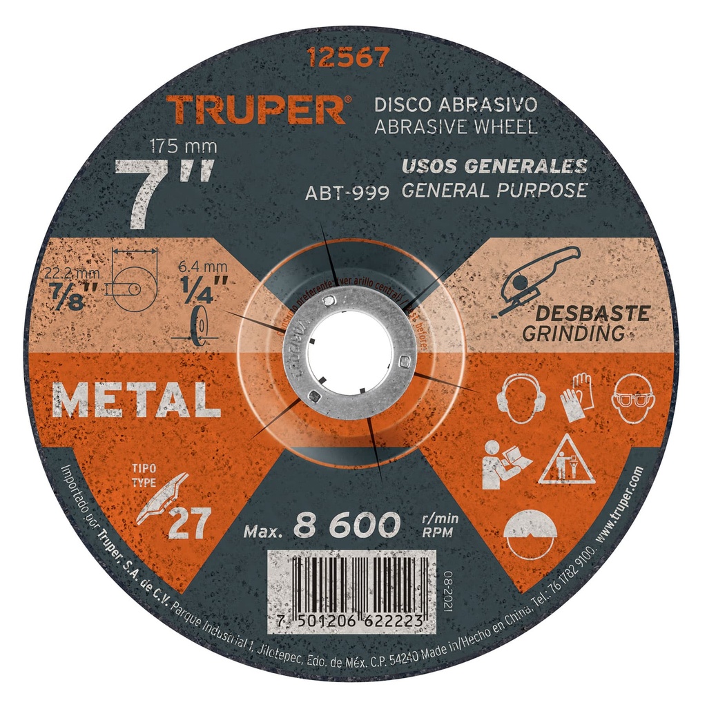 Disco para desbaste de metal, uso general, diametro 7", diametro 6.4 mm , Truper