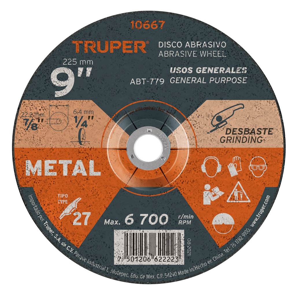 Disco para desbaste de metal, uso general, diametro 9", diametro 6.4 mm , Truper