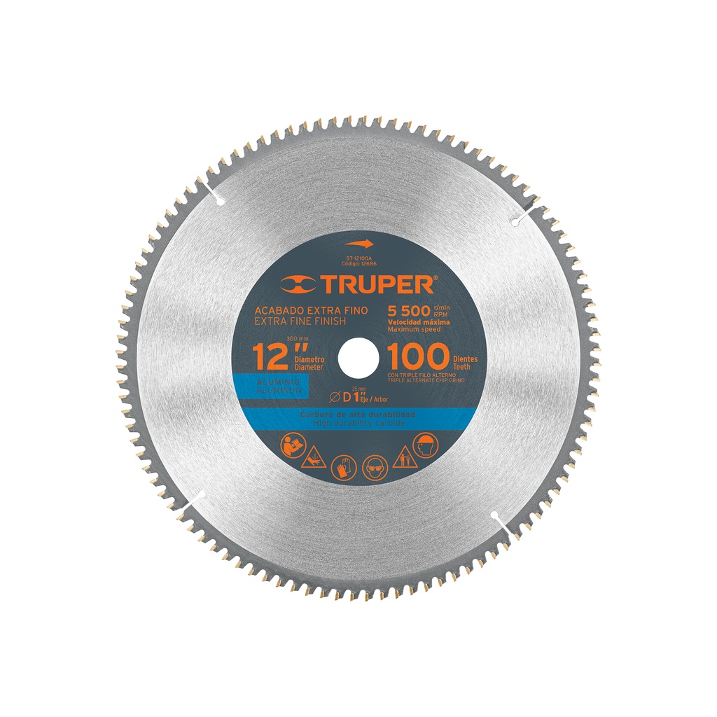 Disco sierra p/aluminio 12", 100 dientes, centro 1", Truper