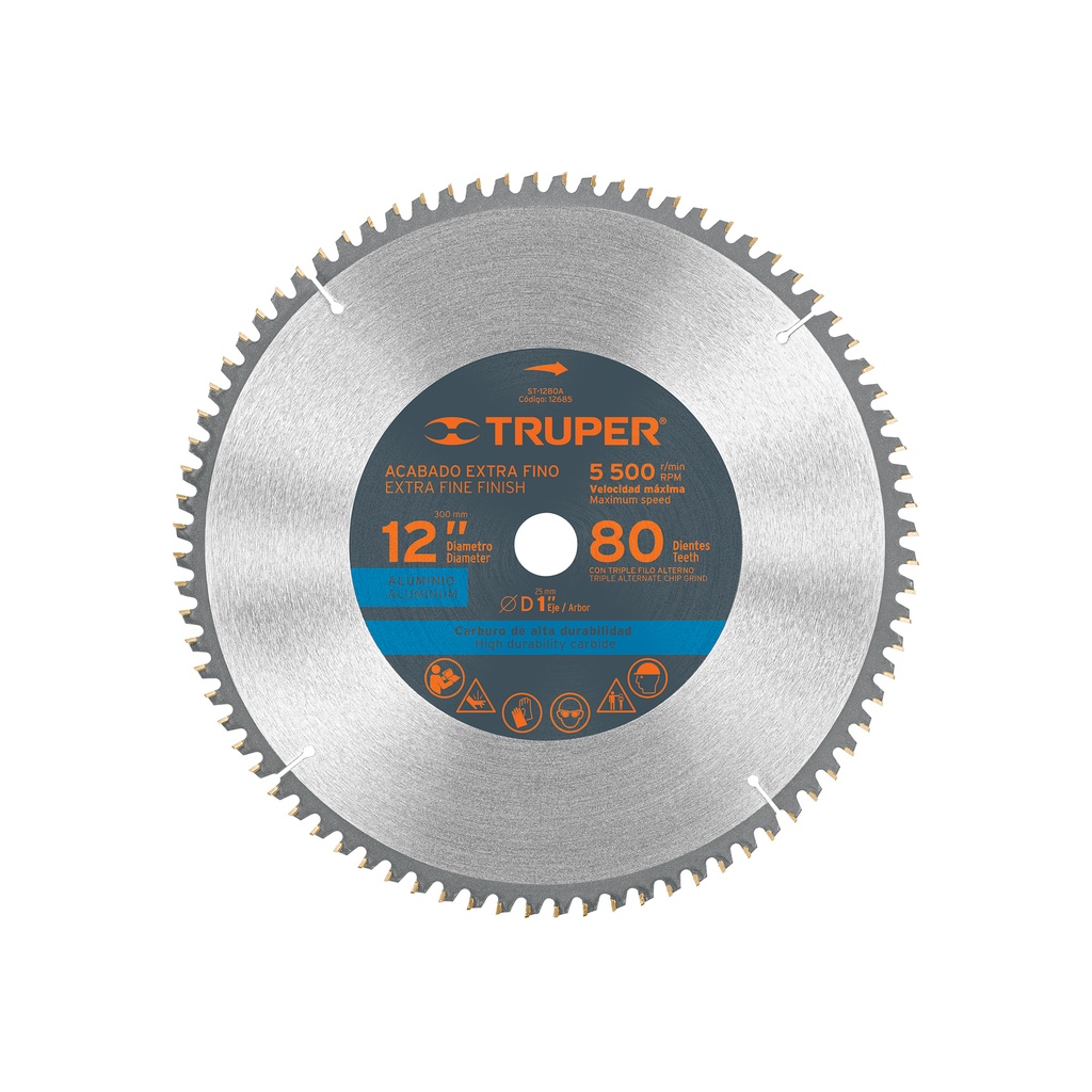Disco sierra p/aluminio 12", 80 dientes, centro 1", Truper