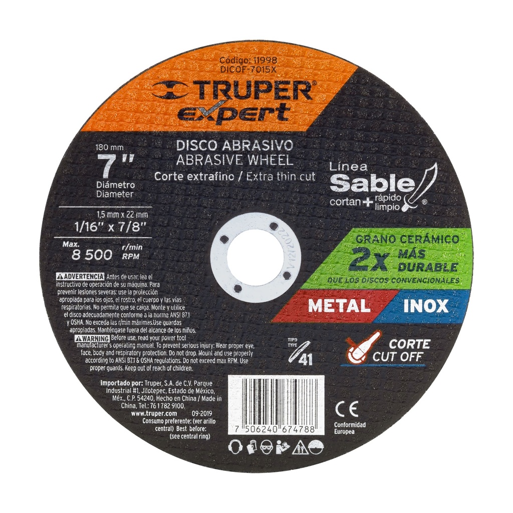 Disco tipo 41, corte fino metal, Línea Sable 7", Truper