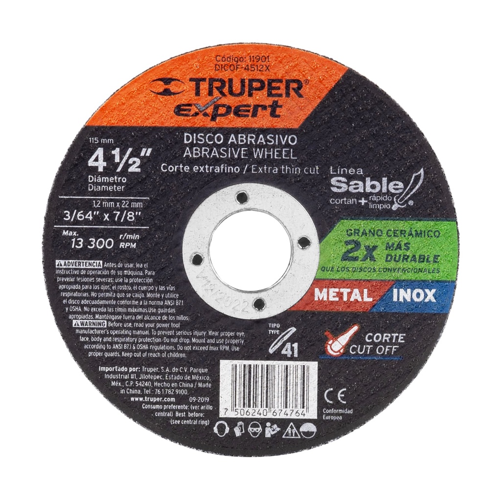 Disco tipo 41, corte metal, Línea Sable 4-1/2", 1.2mm, Truper