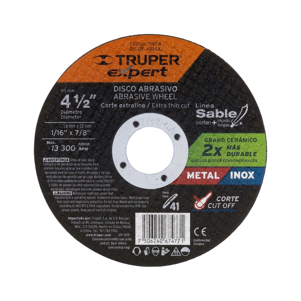 Disco tipo 41, corte metal, Línea Sable 4-1/2", 1.6mm, Truper
