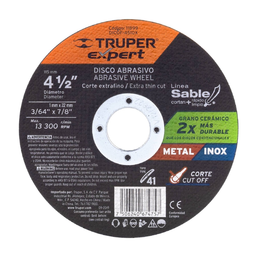 Disco tipo 41, corte metal, Línea Sable 4-1/2", 1mm, Truper