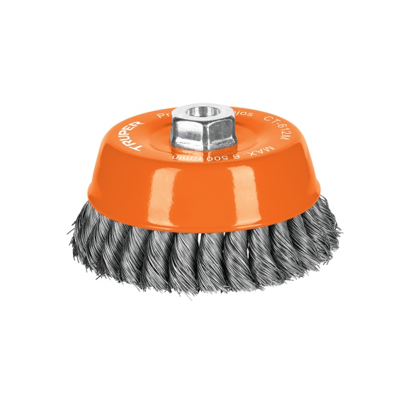 Escobilla tipo copa alambre trenzado fino, calibre 0.35 mm, diametro 5", espesor 11/16" M14, Truper