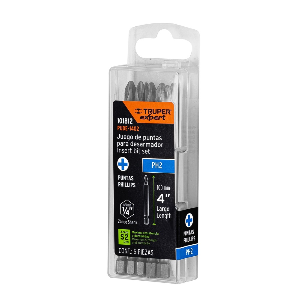 Estuche con 5 puntas largo 4" de cruz ph2, Truper
