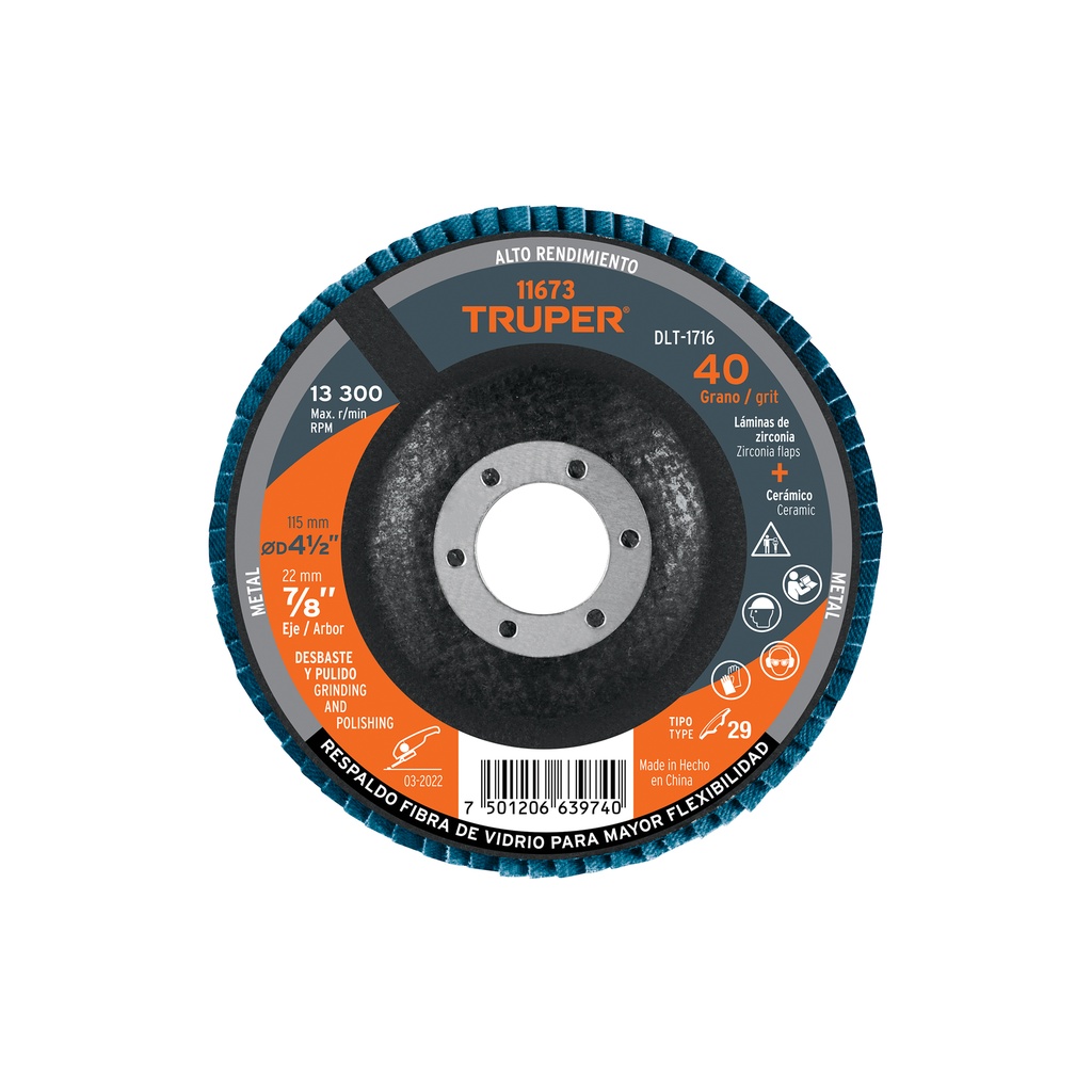 Flap discs 4 1/2"" grano 40, Truper