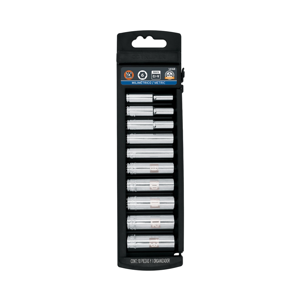 Juego de 10 dados tubulares en mm (4 -13mm) E1/4", Truper