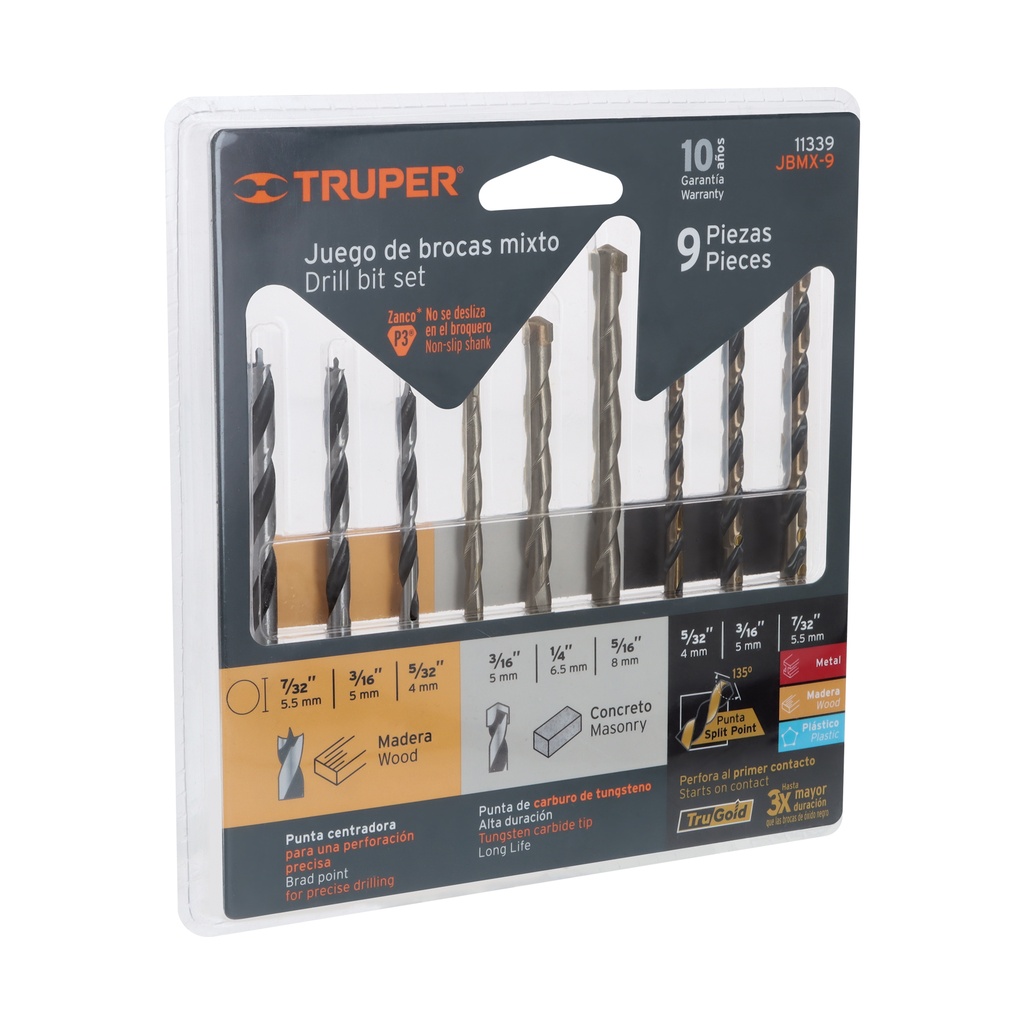 Juego de 9 brocas para metal concreto y madera, Truper