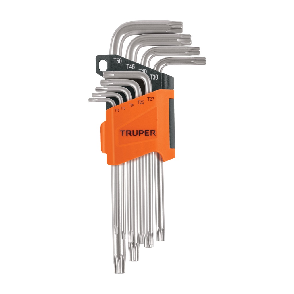 Juego de 9 llaves torx largas, organizador plastico abatible, Truper