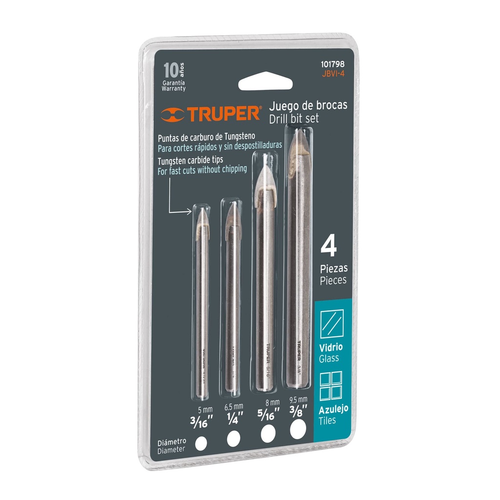 Juego de brocas para vidrio y azulejo, 4 Piezas, Truper