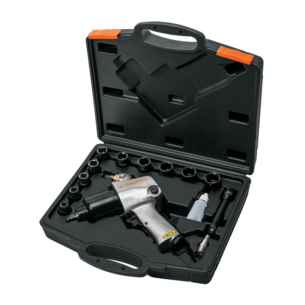 Kit de pistola de impacto 1/2" industrial (llave) con estuche plastico, Truper