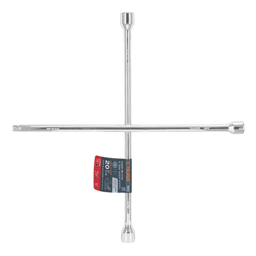 Llave de ruedas 3/4"-13/16"-7/8"- Enc1/2" Pulida y cromada * 20", Truper