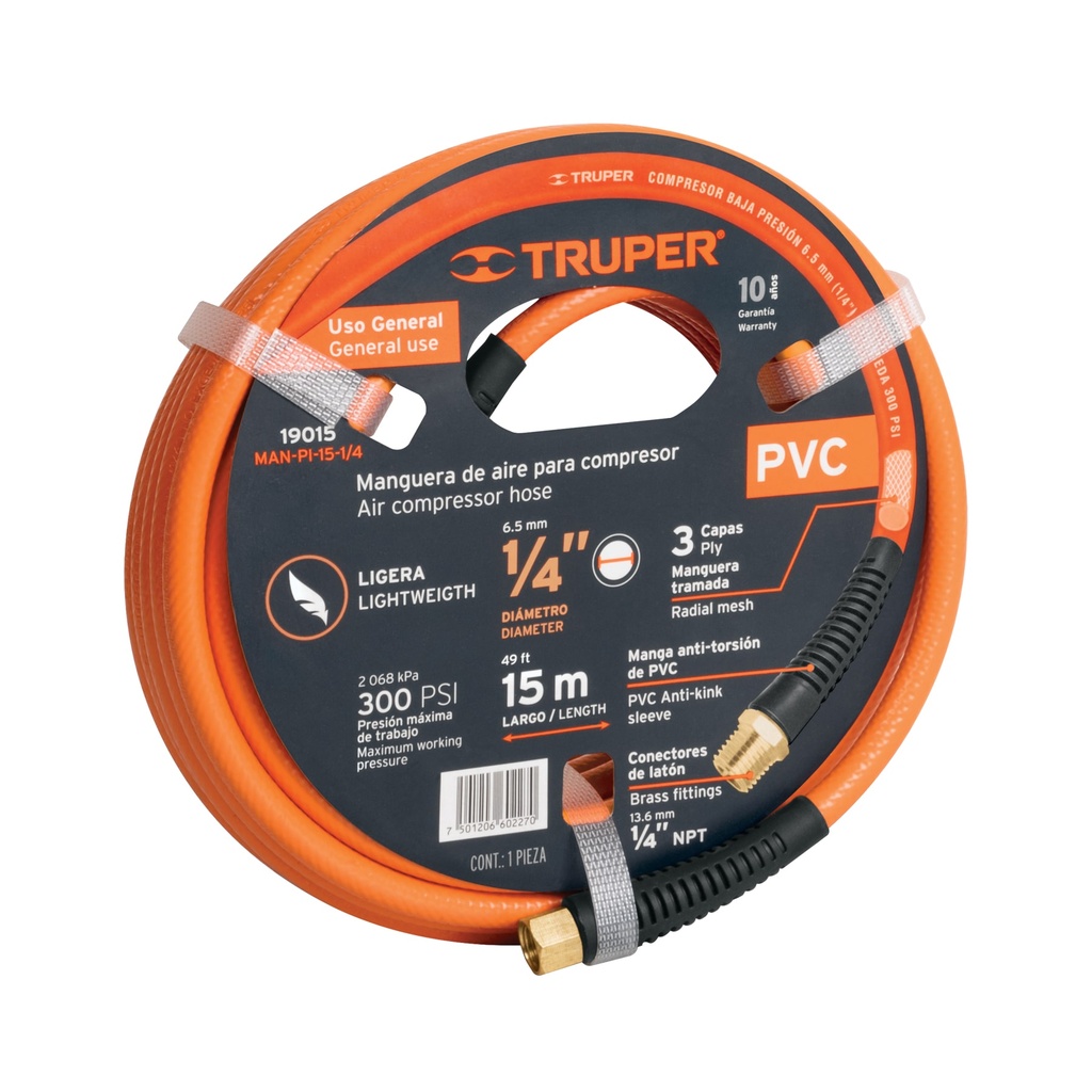 Manguera de PVC, trabajo ligero 1/4" x 15m, Truper