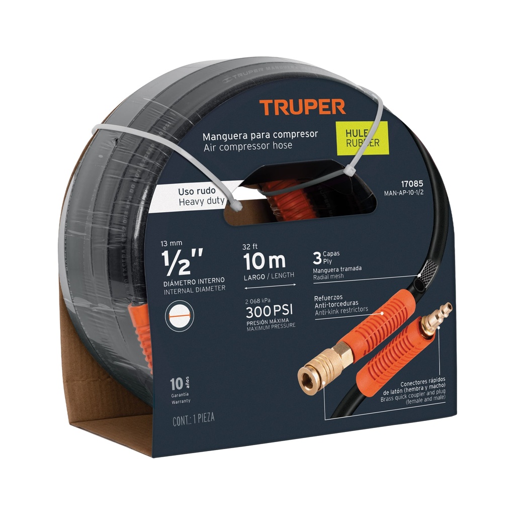 Manguera de hule, trabajo pesado 1/2" x 10m, Truper