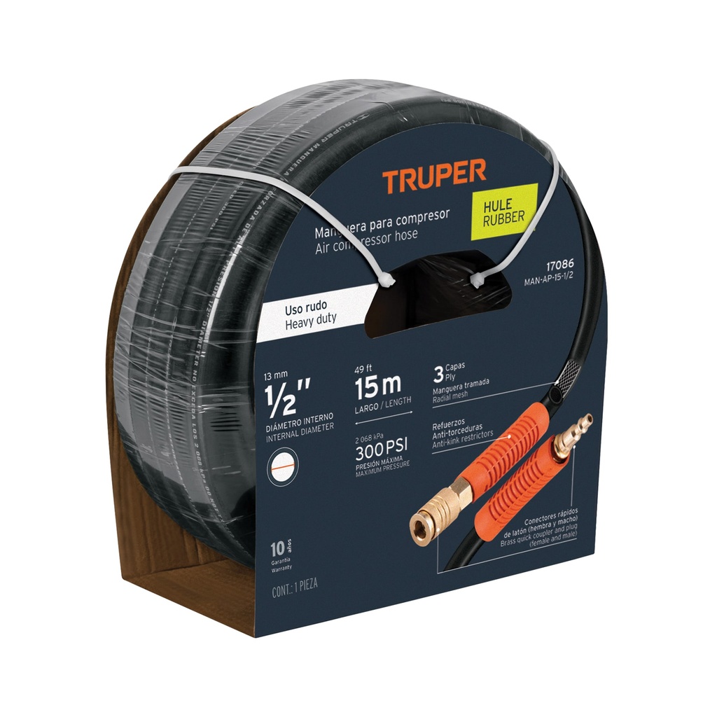 Manguera de hule, trabajo pesado 1/2" x 15m, Truper