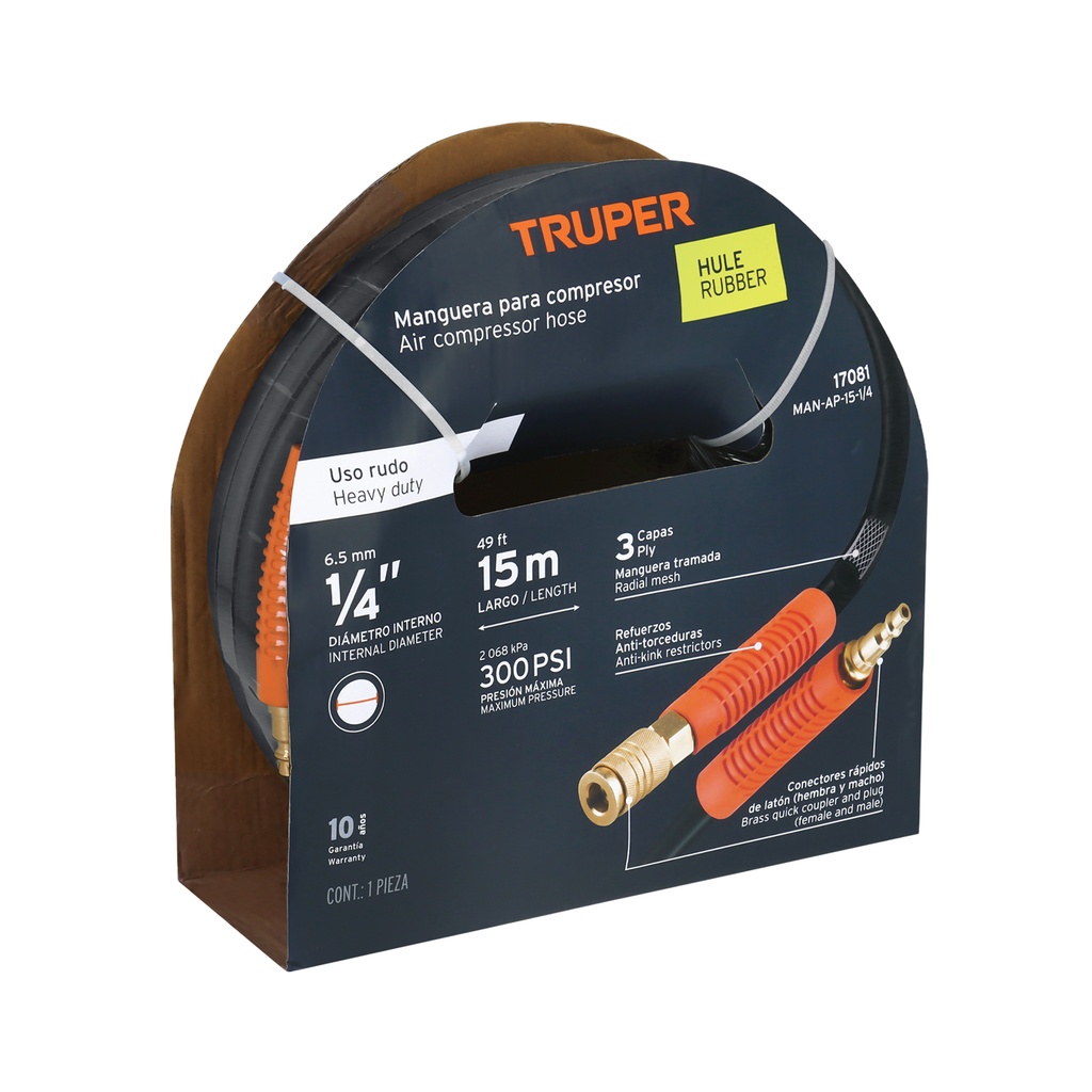 Manguera de hule, trabajo pesado 1/4" x 10m, Truper