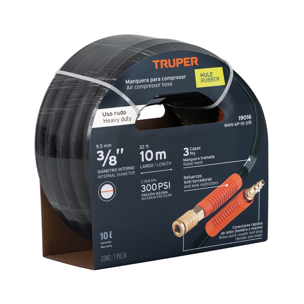 Manguera de hule, trabajo pesado 3/8" x 10m, Truper