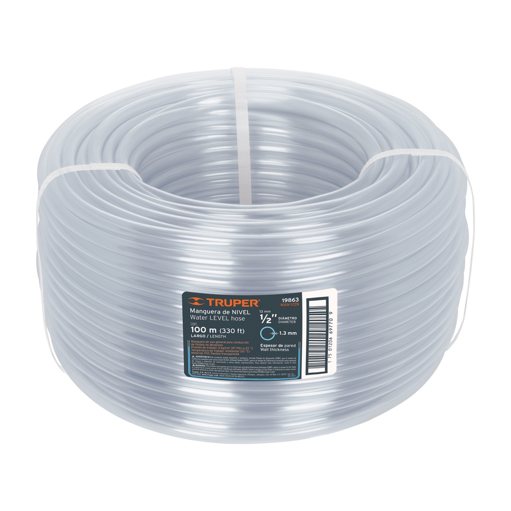 Manguera de nivel rollo de 100m , diametro 1/2", Truper