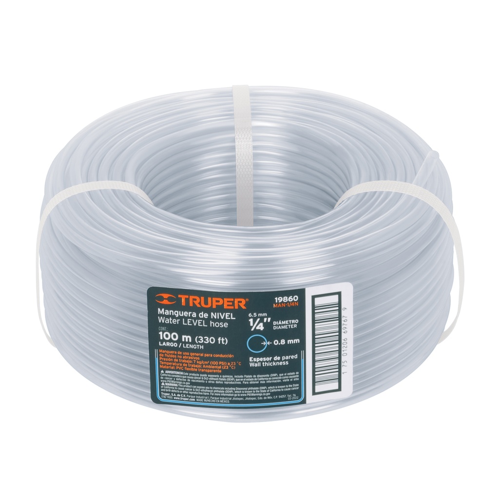 Manguera de nivel rollo de 100m , diametro 1/4", Truper