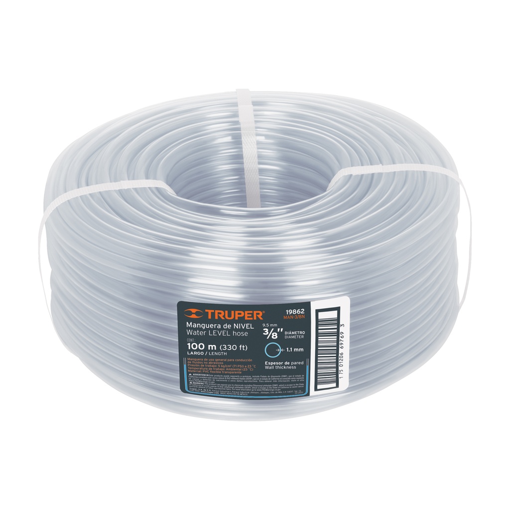 Manguera de nivel rollo de 100m , diametro 3/8", Truper