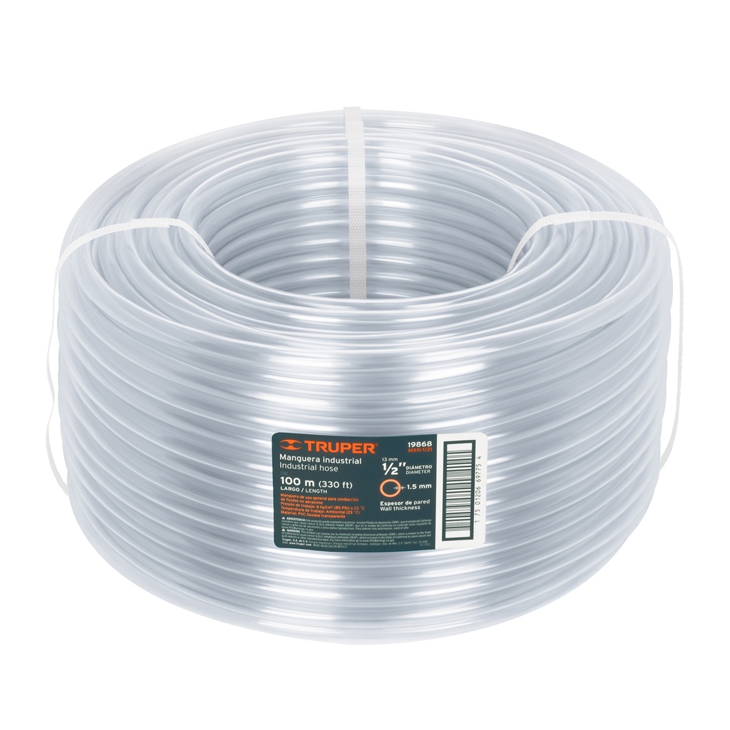 Manguera industrial rollo de 100m , diametro 1/2", Truper