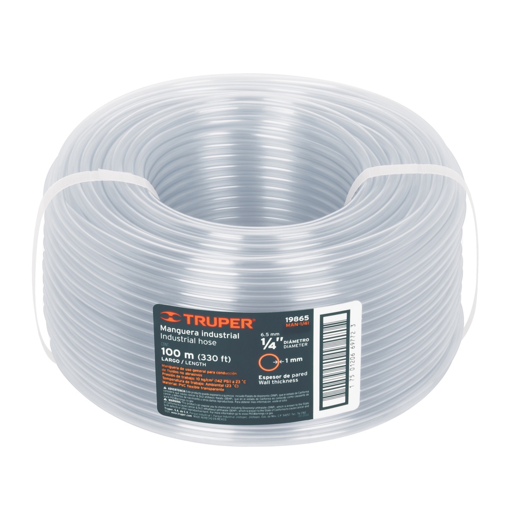 Manguera industrial rollo de 100m , diametro 1/4", Truper