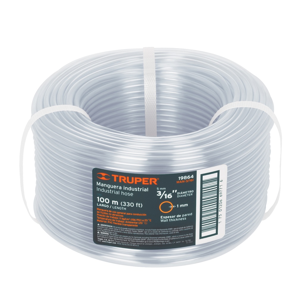Manguera industrial rollo de 100m , diametro 3/16", Truper