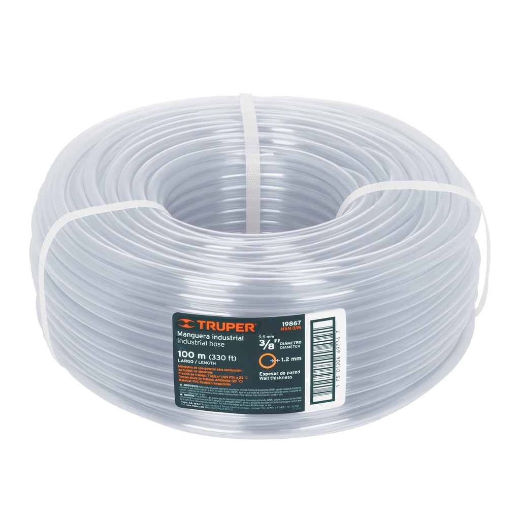 Manguera industrial rollo de 100m , diametro 3/8", Truper
