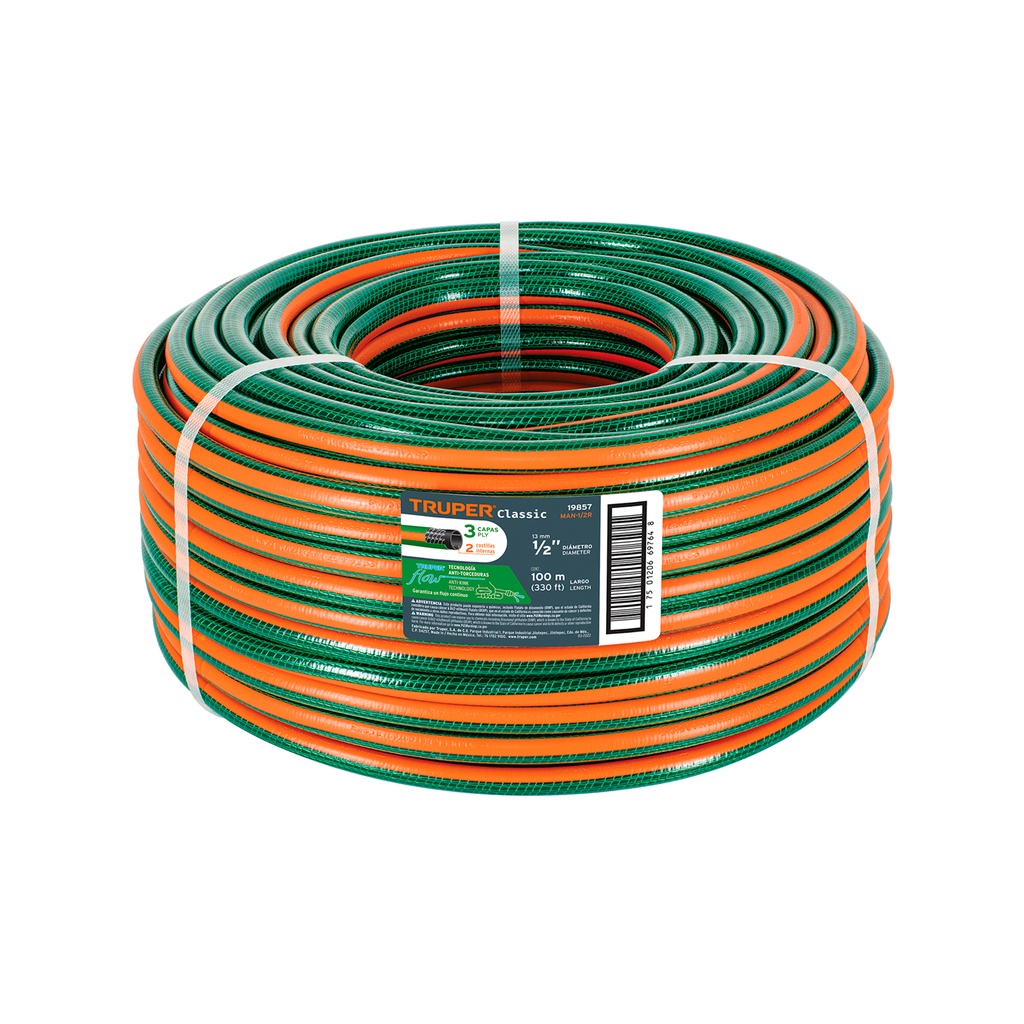 Manguera reforzadas de 3 capas, rollo 100m, diametro 1/2", Truper