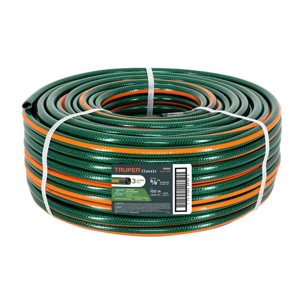 Manguera reforzadas de 3 capas, rollo 100m, diametro 5/8", Truper